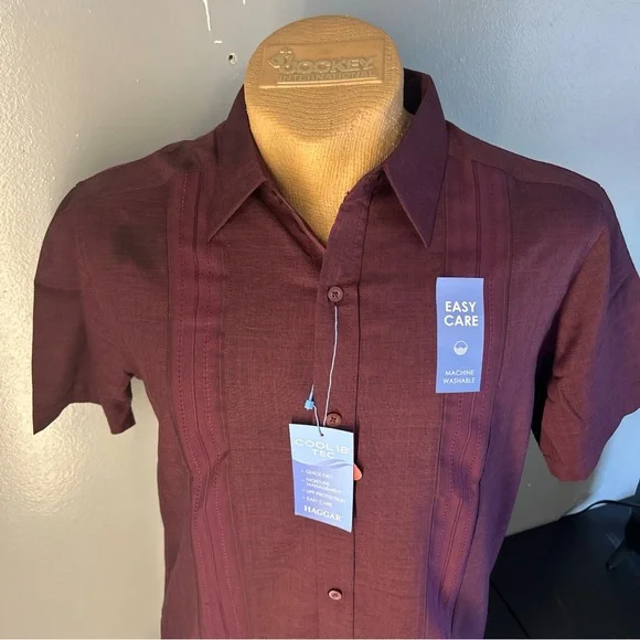 Haggar Cool 18 Tec Mens Medium Button Down Short Sleeve Wine/Burgundy NEW - Picture 2 of 11